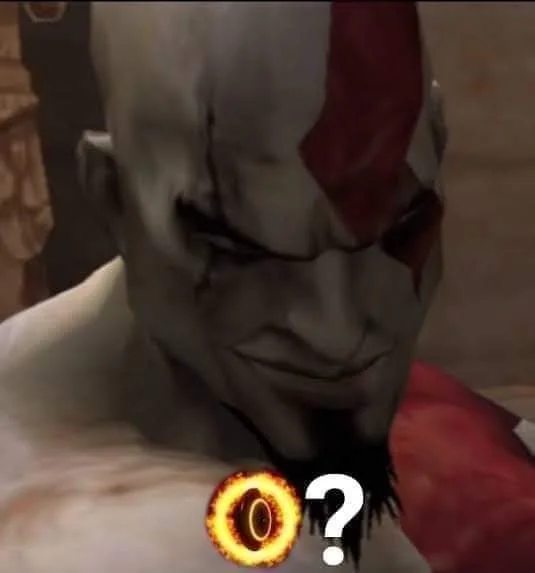 God Of War — Close-up of Kratos smirking with an Eye of Sauron and question mark edited in