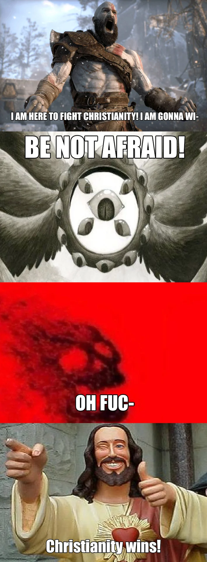God Of War — Four-panel meme of Kratos versus a biblically-accurate angel and Buddy Christ