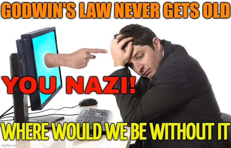 Frustrated man pointing at computer monitor with 'GODWIN'S LAW NEVER GETS OLD' and 'YOU NAZI!!' text.