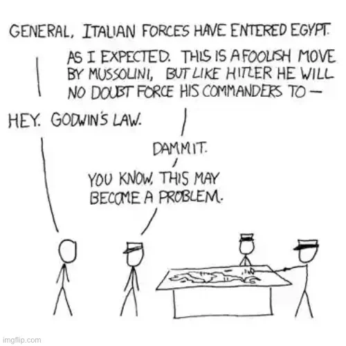 Handdrawn stick figure comic showing military strategists interrupted by Godwin's Law mention.