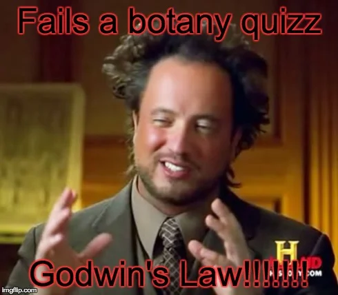 Giorgio Tsoukalos from Ancient Aliens bewildered with 'Fails a botaney quizz' and 'Godwin's Law!!!!' text.