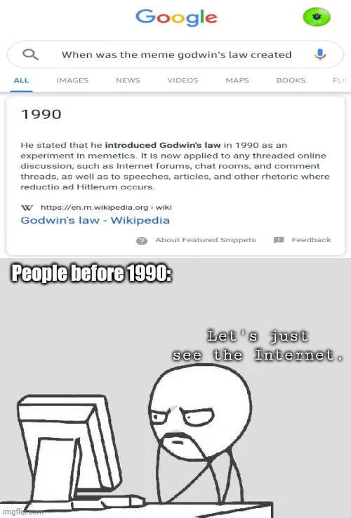 Google search screenshot with Wikipedia Godwin's Law definition combined with handdrawn stick figure arguing.