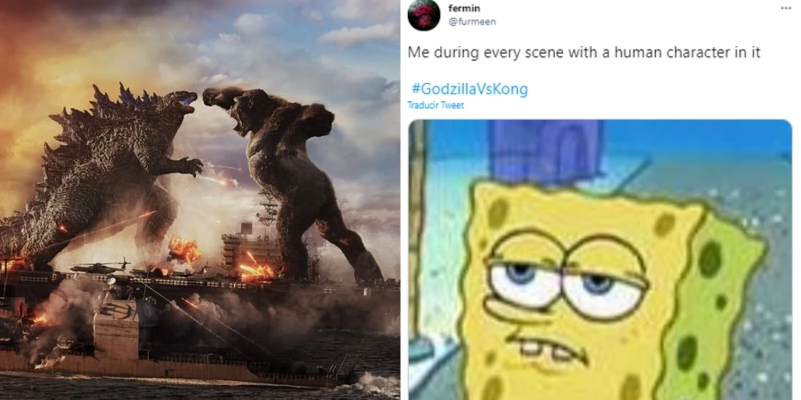 Twitter meme screenshot comparing Godzilla vs Kong scenes with SpongeBob reaction image about human characters.