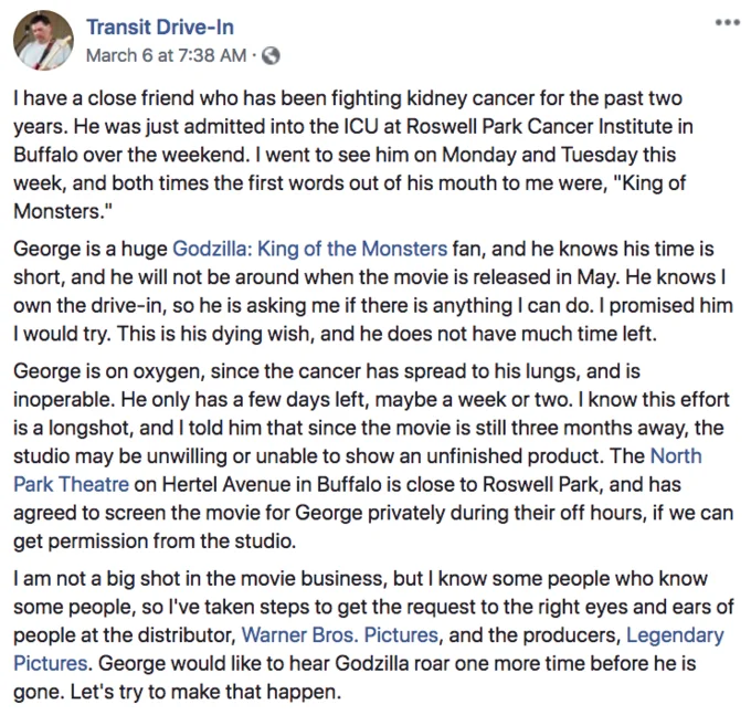 Facebook post from Transit Drive-In about a dying Godzilla fan named George