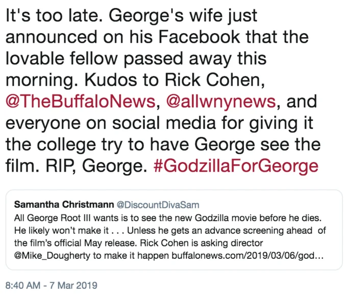 Tweet announcing the death of George Root III and paying tribute with the GodzillaForGeorge hashtag