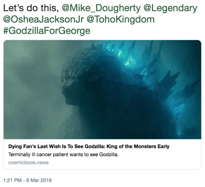 Tweet promoting the #GodzillaForGeorge hashtag with an image of Godzilla from King of the Monsters
