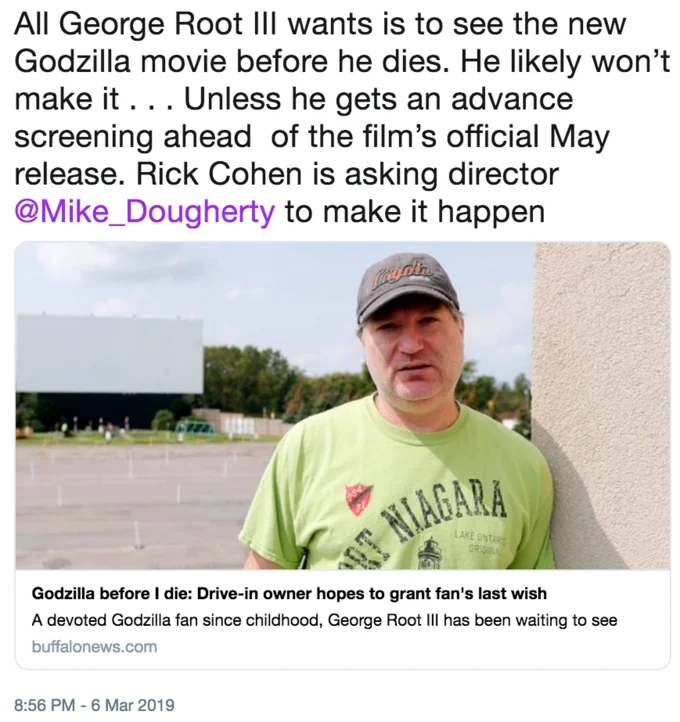 Tweet featuring Rick Cohen at the Transit Drive-In promoting the campaign for George Root III to see Godzilla