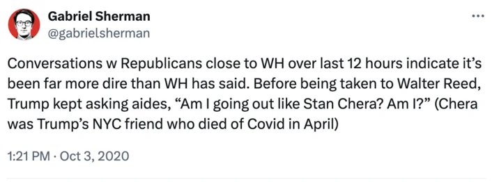 Going Out Like Stan Chera — Gabriel Sherman @gabrielsherman Conversations w Republicans close to WH over last 12 hours indicate it's been far more dire than WH