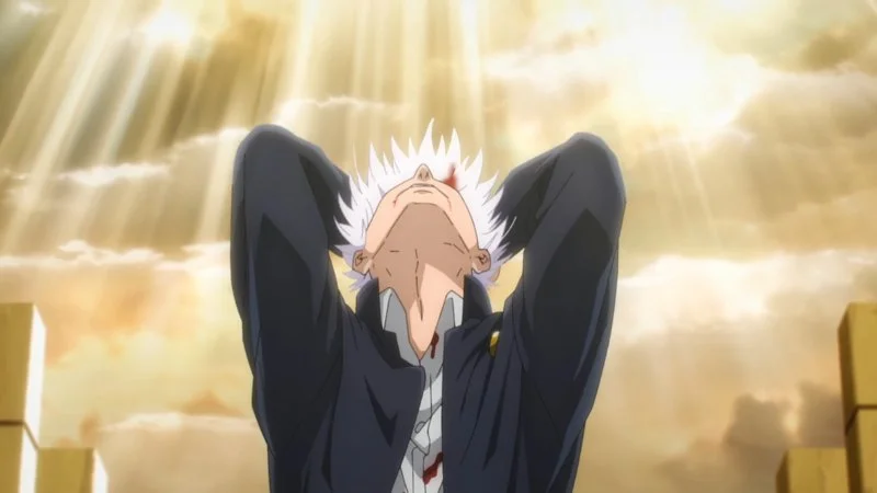 Gojo Backshots — Satoru Gojo from Jujutsu Kaisen shown from behind with raised arms against divine heavenly background with light rays.
