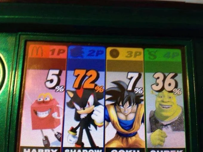 Goku In Super Smash Bros — 3DS screen showing a Smash Bros. roster with Harry, Shadow, Goku, and Shrek