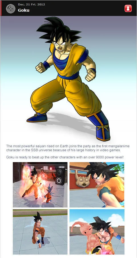 Goku In Super Smash Bros — Fake Smash Bros. reveal page for Goku with screenshots and description