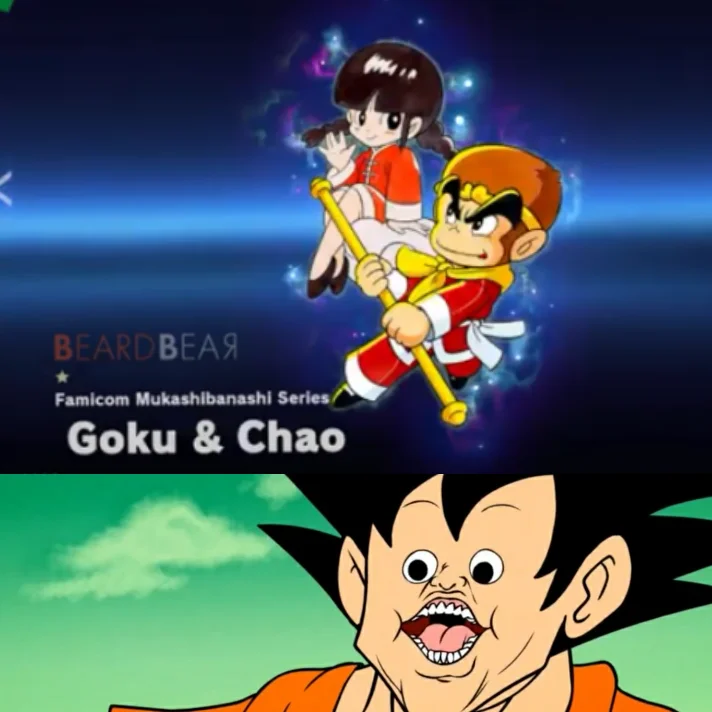 Goku In Super Smash Bros — Fake Smash reveal splash for Goku and Chao above a distorted Goku face meme