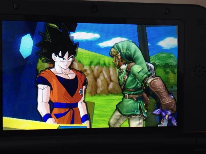 Goku In Super Smash Bros — 3DS screen showing Goku standing next to Link from Legend of Zelda