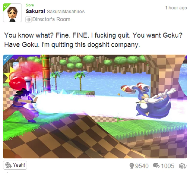 Goku In Super Smash Bros — Fake Miiverse post from Sakurai with Goku firing a Kamehameha at King Dedede in Super Smash Bros.