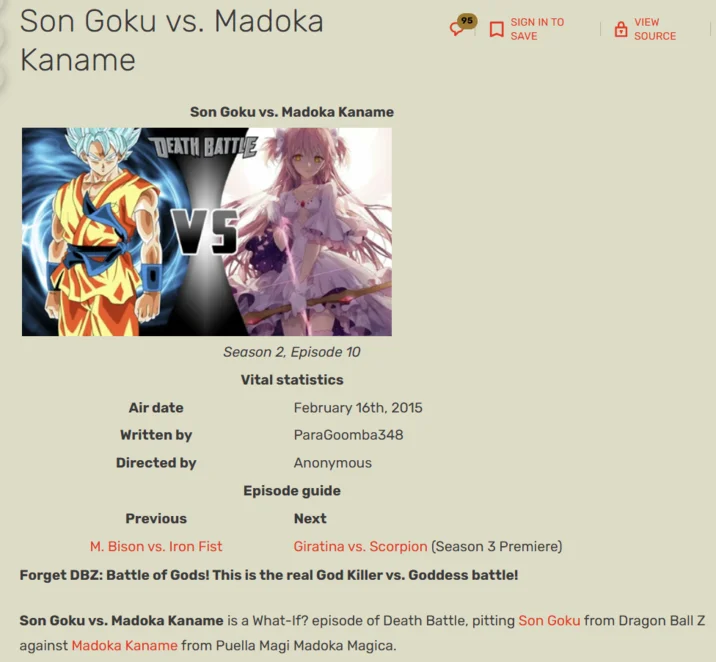 Wiki page screenshot for Death Battle episode 'Son Goku vs. Madoka Kaname' with thumbnail and episode details.