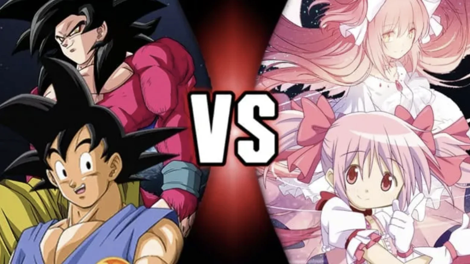Goku vs. Madoka — Goku from Dragon Ball facing Madoka Kaname from Puella Magi Madoka Magica with a 'VS' graphic between them.