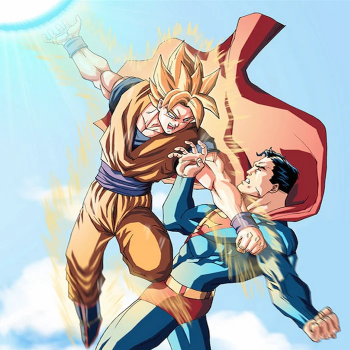Goku Vs Superman — Super Saiyan 3 Goku fighting Superman in anime-style crossover artwork