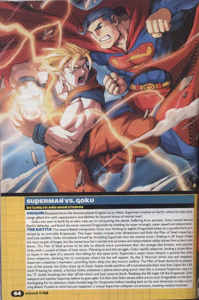 Goku Vs Superman — Wizard Magazine interior page with Superman vs Goku battle art and story text