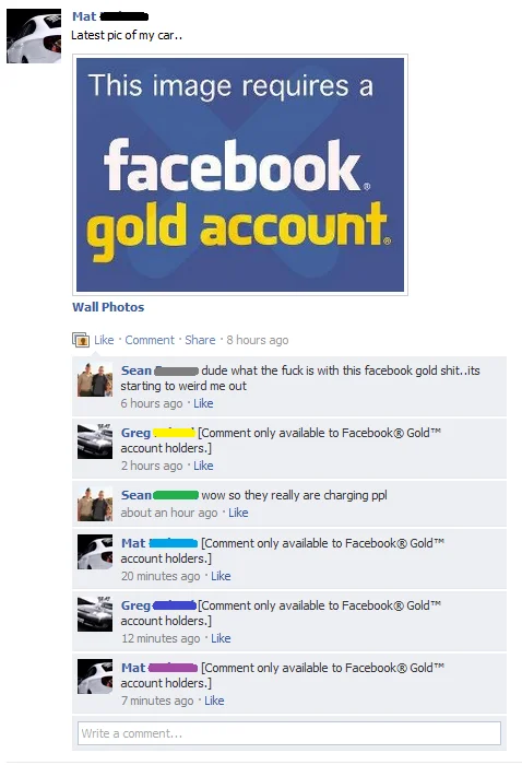 Gold Membership Trolling — Facebook UI screenshot with blue box 'This image requires a facebook gold account' in yellow text with comments.