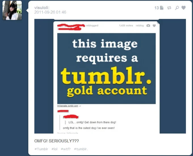 Gold Membership Trolling — Tumblr post screenshot with 'tumblr. gold account' text in platform styling with username and metrics.