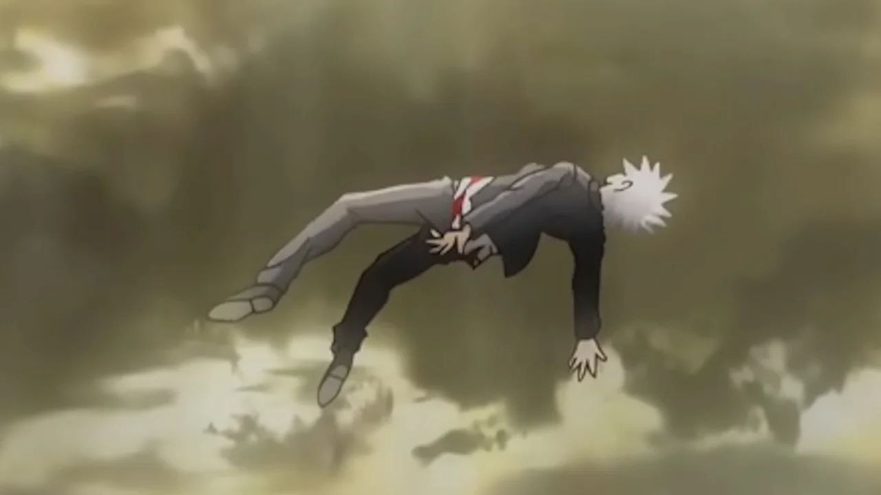 Gomen Amanai — White-haired anime man in dark suit falling backward through smoky clouds