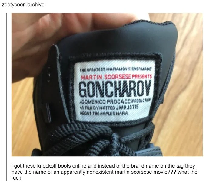 Tumblr screenshot of knockoff boot with tag advertising a fake Goncharov Martin Scorsese movie