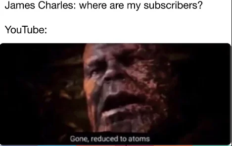 Gone Reduced To Atoms — Meme about James Charles YouTube subscribers with Thanos 'Gone, reduced to atoms' image.