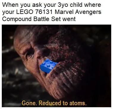 Gone Reduced To Atoms — Thanos meme with LEGO brick graphic overlaid on face for missing toys.
