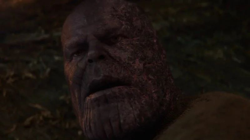 Gone Reduced To Atoms — Close-up of Thanos's face from Avengers Endgame climactic moment showing deep loss and acceptance.