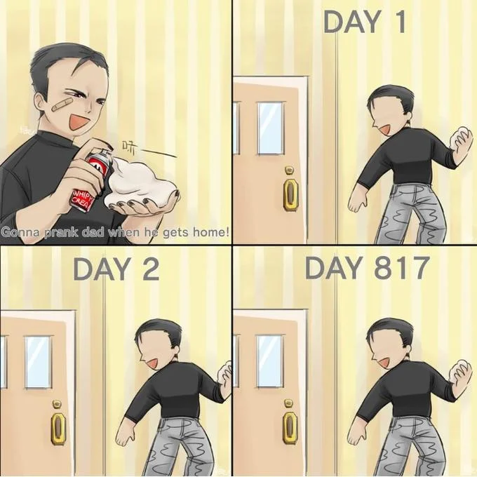 Gonna Prank Dad When He Gets Home — Anime style fan art of the prank dad meme with whipped cream can.