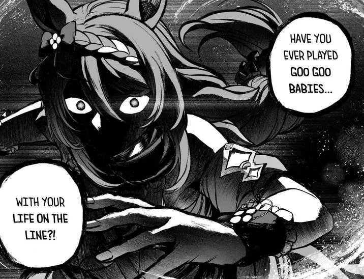 Goo Goo Babies — An edit of an Umamusume manga panel. The dialogue reads, "Have you ever played goo-goo babies with your life on the line."