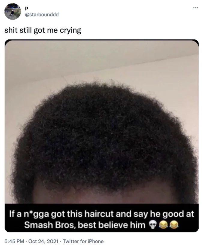 Good At Smash Bros Afro — Twitter reply joking that a young man with an afro is probably Smash Bros ranked worldwide