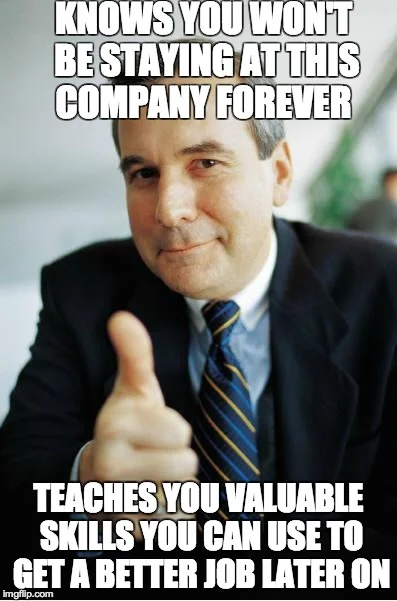 Good Guy Boss — Businessman in suit with thumbs-up gesture and white Impact text describing positive professional development.