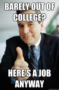 Iconic Good Guy Boss with white text about hiring recent graduates without experience requirements.