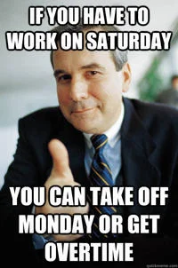 Good Guy Boss format with thumbs-up and white text about fair compensation for weekend work.