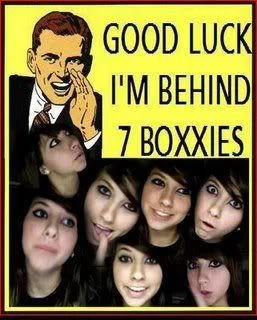 Good Luck Im Behind 7 Proxies — Collage combining retro comic man with seven repeated Boxxy photos and text 'GOOD LUCK I'M BEHIND 7 BOXXIES.'
