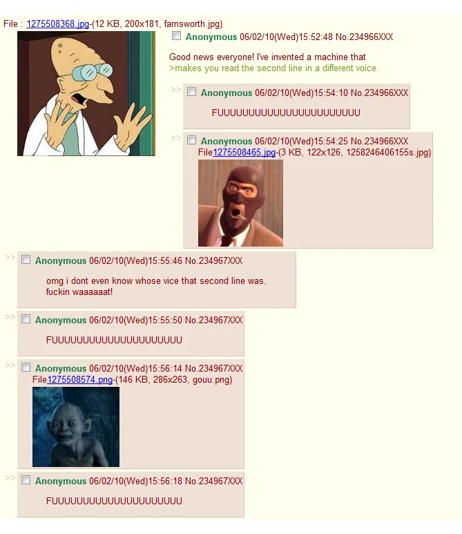 Good News Everyone! — 4chan thread screenshot with Farnsworth 'Good news everyone' second-line voice joke