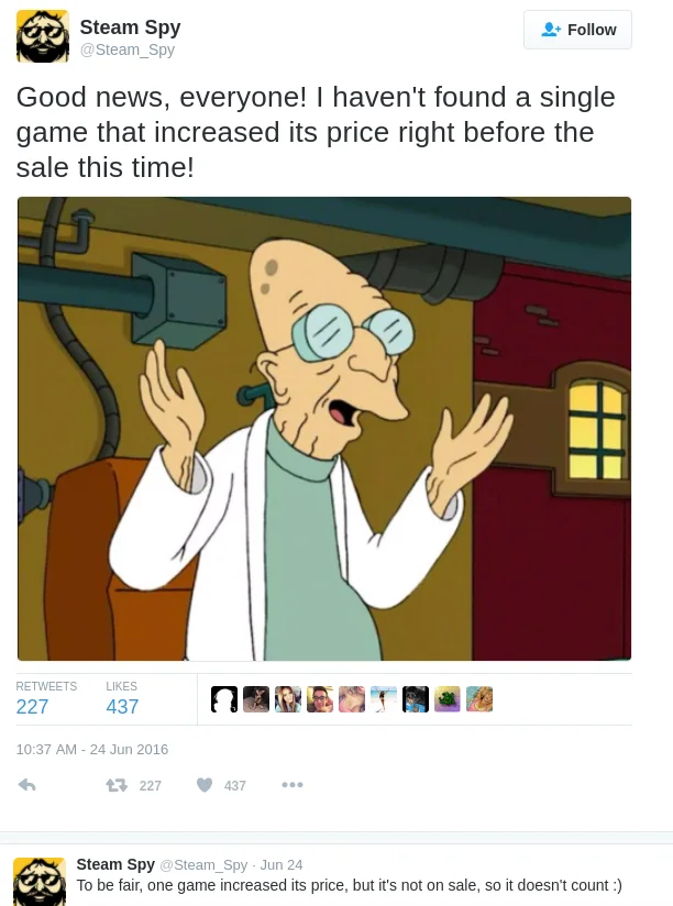 Good News Everyone! — Steam Spy tweet using the Farnsworth 'Good news everyone' image about Steam sale pricing