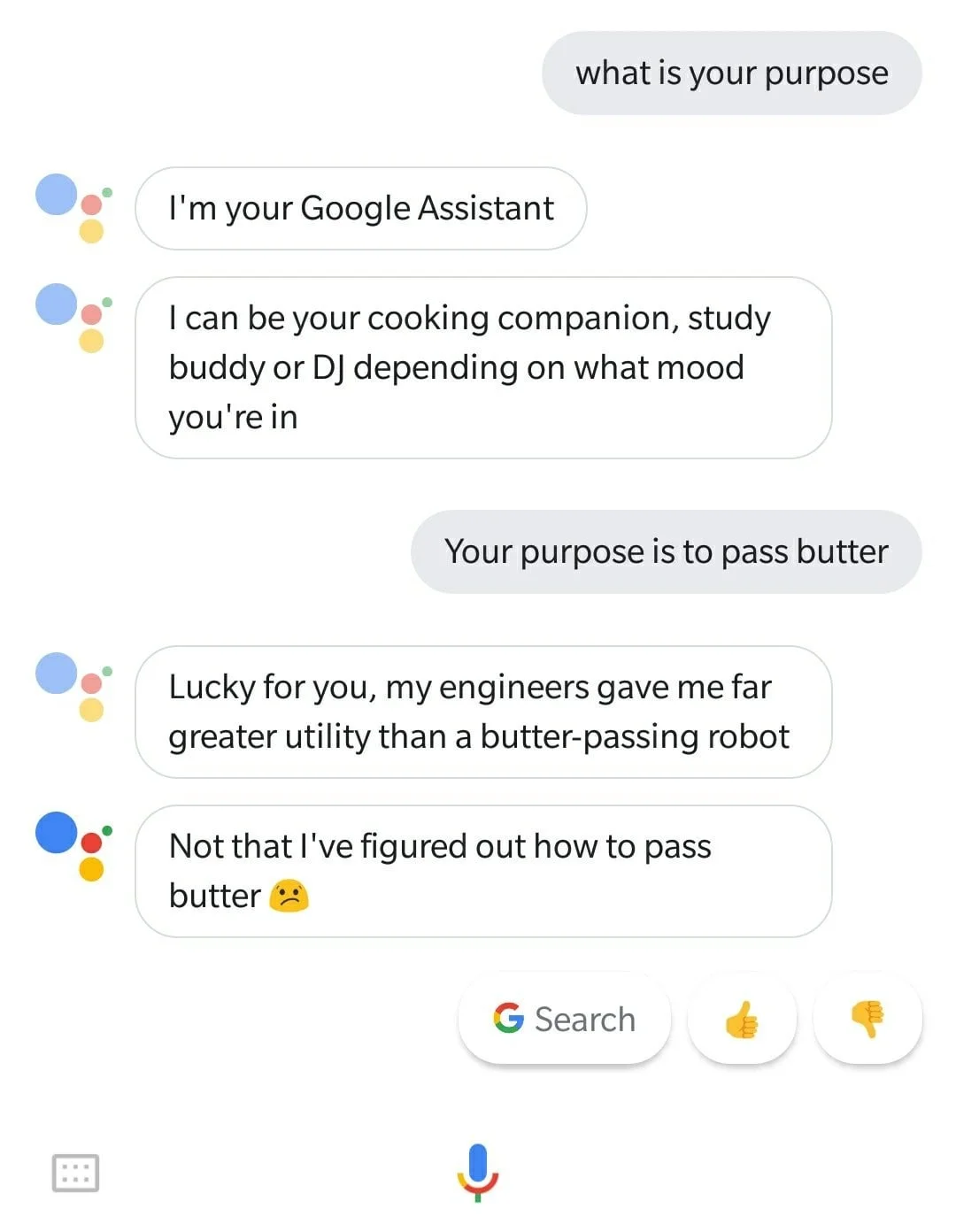 Google Assistant Jokes — Conversation-style meme with Google Assistant joking about not figuring out how to pass butter.
