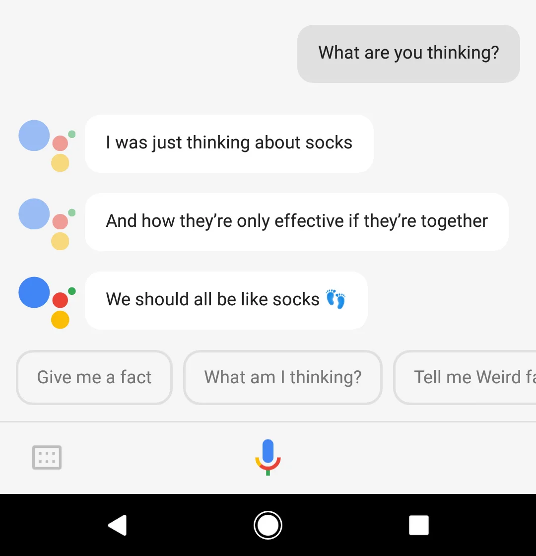 Google Assistant Jokes — Conversation meme with Google Assistant giving philosophical response about socks being effective together.