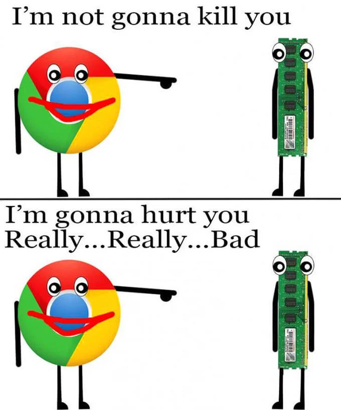 Google Chrome Ram Hog — Cartoon Chrome character threatening a cartoon RAM stick in two panels
