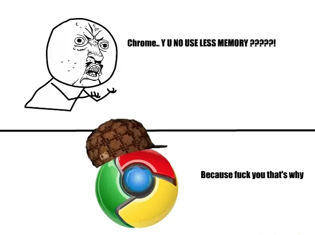 Google Chrome Ram Hog — Y U NO guy demanding Chrome use less memory, scumbag Chrome logo replies rudely