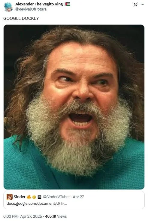 Twitter post by Alexander The Weibo King with Jack Black Steve close-up reaction and 'GOOGLE DOCKEY' caption, 465.1K views.