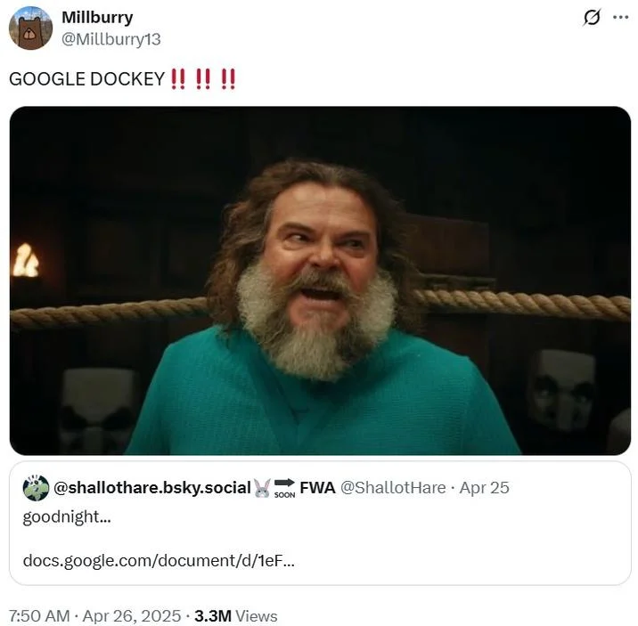 Twitter screenshot of original viral tweet featuring Jack Black as Steve with shocked expression and 'GOOGLE DOCKEY !! !! !!' text, 3.3M views.