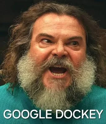 Clean meme template of Jack Black as Steve with shocked expression and 'GOOGLE DOCKEY' white text at bottom.