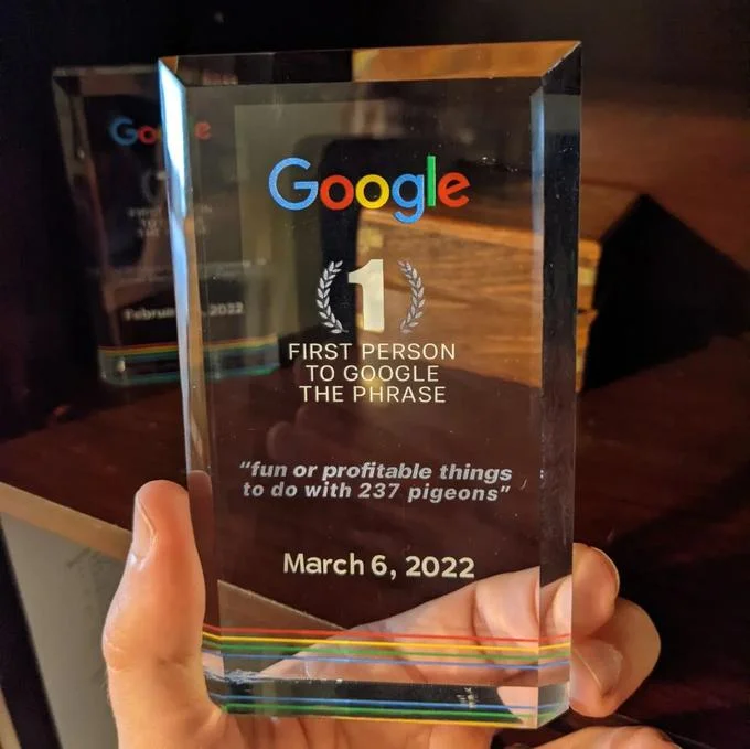 Google First Search Award — Crystal Google award engraved 'fun or profitable things to do with 237 pigeons,' March 6, 2022.