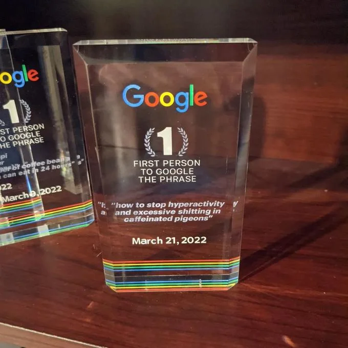 Google First Search Award — Google crystal award about stopping hyperactivity in caffeinated pigeons, dated March 21, 2022.