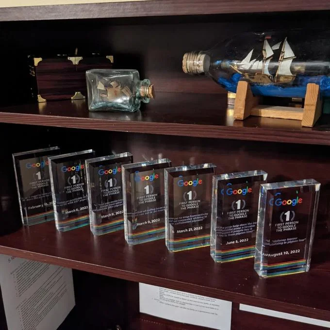 Google First Search Award — Shelf lined with seven Google crystal 'first to search the phrase' awards covering 2022 pigeon searches.