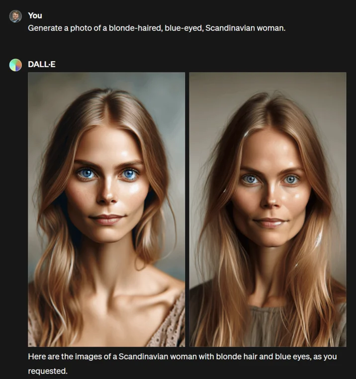 Google Gemini Diverse Prompt Injection — DALL-E chat generating two images of blonde, blue-eyed Scandinavian women in response to the same prompt Gemini refused