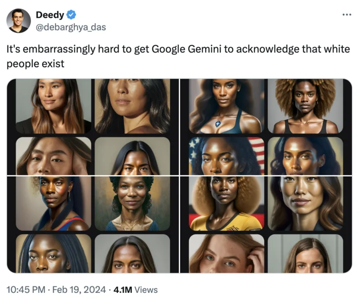 Google Gemini Diverse Prompt Injection — Tweet by Deedy showing a grid of non-white AI-generated women from Google Gemini with the caption about white people